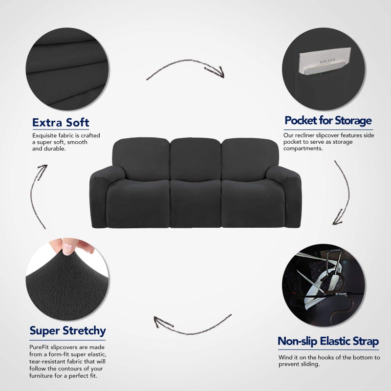PureFit Super Stretch 3 Seats Recliner Chair Sofa Couch Cover with Pocket - Non Slip Soft Sofa Slipcover  Washable Spandex Reclining Furniture Protector for Kids  Pets (Recliner Sofa  Dark Gray) - Image 3